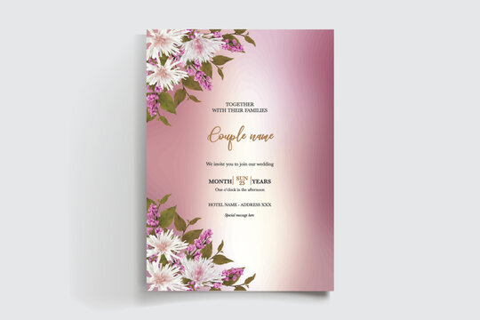 WEDDING INVITATION FRAME WITH FLOWER DECORATIONS AND FRESH LEAVES