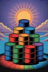 Poster - Colorful Stacked Drums Against a Radiant Sun in a Vibrant Retro Scene