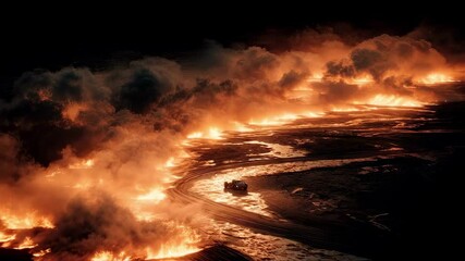 Wall Mural - glowing lava illuminates smoke and steam rising from the ground as an off road vehicle navigates a w