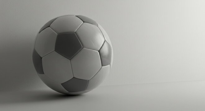 A grayscale soccer ball rests in a minimalist, white setting