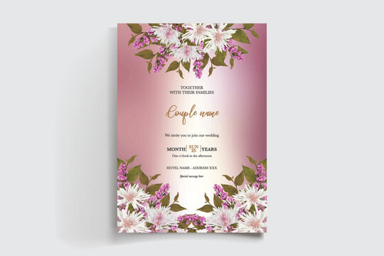 WEDDING INVITATION FRAME WITH FLOWER DECORATIONS AND FRESH LEAVES