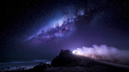Poster - Off road vehicle climbing challenging hillside under starlit sky, headlights cutting through dusty trail with expansive milky way galaxy stretching across dark wilderness landscape