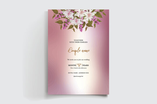 WEDDING INVITATION FRAME WITH FLOWER DECORATIONS AND FRESH LEAVES