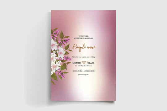 WEDDING INVITATION FRAME WITH FLOWER DECORATIONS AND FRESH LEAVES