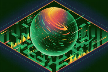 Poster - Futuristic Green Digital Sphere Surrounded by Abstract Geometric Shapes in a High-Tech Environment