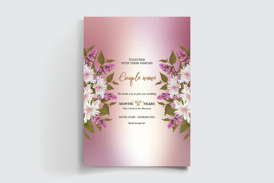 WEDDING INVITATION FRAME WITH FLOWER DECORATIONS AND FRESH LEAVES