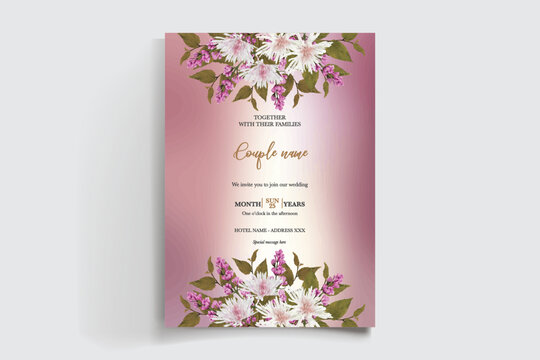 WEDDING INVITATION FRAME WITH FLOWER DECORATIONS AND FRESH LEAVES
