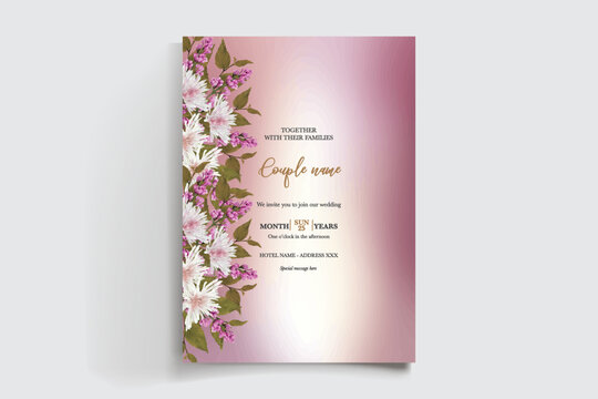 WEDDING INVITATION FRAME WITH FLOWER DECORATIONS AND FRESH LEAVES
