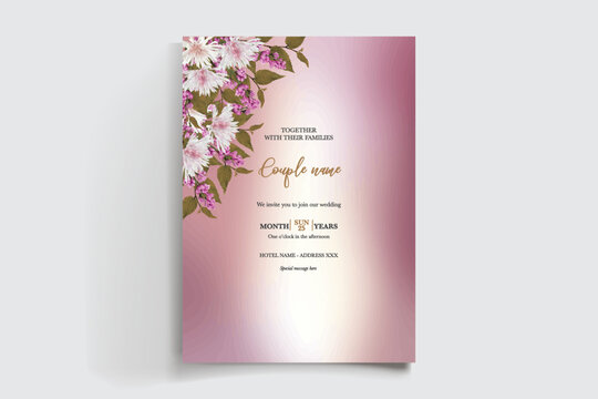 WEDDING INVITATION FRAME WITH FLOWER DECORATIONS AND FRESH LEAVES