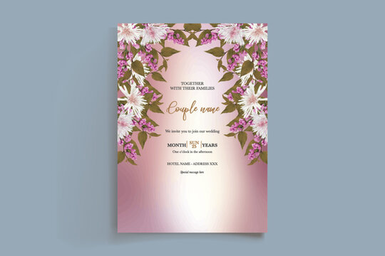 WEDDING INVITATION FRAME WITH FLOWER DECORATIONS AND FRESH LEAVES