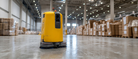 Poster - Autonomous yellow cleaning robot scrubbing warehouse floor, efficient industrial automation, modern logistics technology
