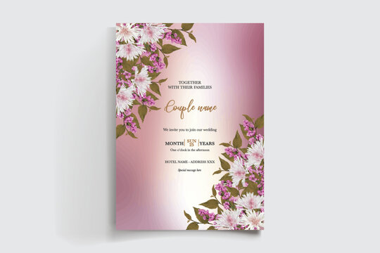 WEDDING INVITATION FRAME WITH FLOWER DECORATIONS AND FRESH LEAVES