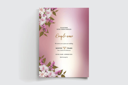 WEDDING INVITATION FRAME WITH FLOWER DECORATIONS AND FRESH LEAVES