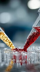 Poster - A detailed shot of two pipettes dispensing a golden liquid into a microplate for analysis in a high-tech laboratory setting