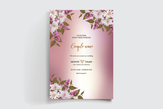 WEDDING INVITATION FRAME WITH FLOWER DECORATIONS AND FRESH LEAVES