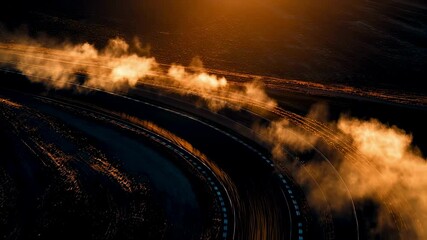 Poster - Golden sunset casting dramatic light on racing car gliding through curved asphalt road, generating powerful smoke trail showcasing high speed motorsport performance and precision driving technique