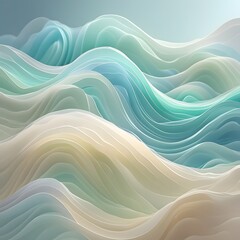 Fototapete - The artwork features wave patterns in graduated transparency, creating a dynamic fluidity illusion. The pastel hues, turquoise, and cream blend seamlessly against a soft blue backdrop