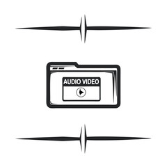 Poster - Audio Video File Illustration: Outlined Folder Icon Centered Between Top and Bottom Graphic Dividers, Minimalist Black and White Design for Media Production Use.