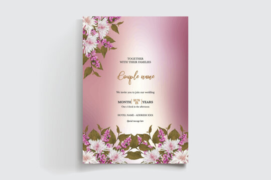 WEDDING INVITATION FRAME WITH FLOWER DECORATIONS AND FRESH LEAVES