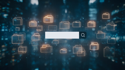 Fototapete - Data Search Interface: A digitally enhanced visualization showcasing a search bar surrounded by file folders, symbolizing the digital world of data search and information retrieval.