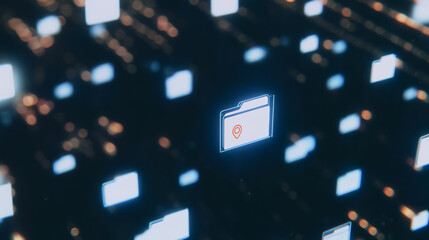 Poster - Digital Data Security: Illuminated file icon in a complex digital landscape, symbolizing secure data storage and information protection in the modern age.