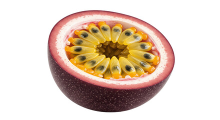 Poster - Close up of a halved passion fruit revealing the juicy pulp and seeds details