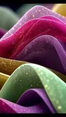 Poster - Close-up of wavy fabric layers in jewel tones, sparkling with glitter under soft lighting, evoking a luxurious abstract terrain