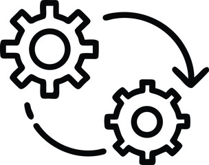 Poster - Two Gears Interacting with Circular Arrow - Simple Black and White Line Icon Symbolizing Mechanism, Synchronization, Interaction and Connectivity     
