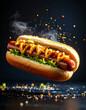 © Kan - A delicious hotdog with mustard and toppings dynamically floating.