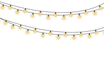 Wall Mural - Twinkling fairy lights glow in soft amber. Golden garland loops around festive corner. Warm bulbs dangle on celebration wire. Holiday sparkle brightens the dark scene.