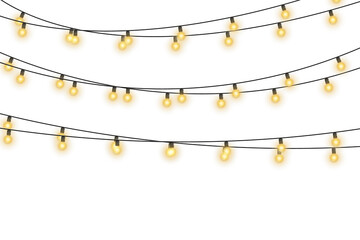 Wall Mural - Glowing string winds through winter cabin. Garland lamps brighten shop window. Circular light wraps elegant product box. Gold sparkle floats on black poster. LED chain highlights birthday party banner