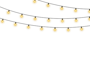 Wall Mural - Twinkling fairy lights glow in soft amber. Golden garland loops around festive corner. Warm bulbs dangle on celebration wire. Holiday sparkle brightens the dark scene.