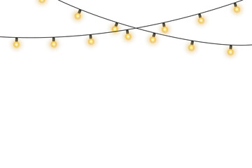 Wall Mural - Glowing string winds through winter cabin. Garland lamps brighten shop window. Circular light wraps elegant product box. Gold sparkle floats on black poster. LED chain highlights birthday party banner