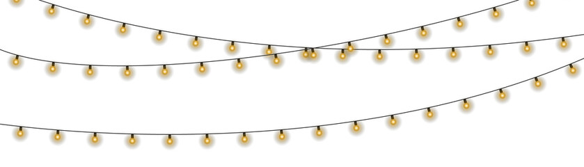 Shiny garland outlines New Year banner. Circle of light forms magical border. Soft yellow bulbs hang on thread. Twilight glow fills joyful evening sky. 