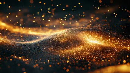 Poster - A mesmerizing display of glimmering golden particles flows gracefully across a dark backdrop, creating an ethereal atmosphere that captivates and inspires awe.