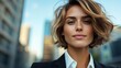 © Larisa AI - A confident woman stands poised in a modern city environment, with her stylish haircut and professional attire reflecting her self-assured disposition.