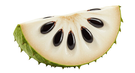 Aufkleber - Close up of a cut soursop fruit slice revealing seeds on a black background