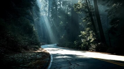 Wall Mural - light rays pierce through the majestic redwood canopy, creating an ethereal glow on the winding road