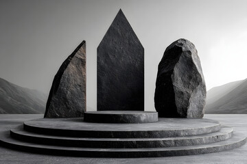 Poster - Black geometric Stone and Rock shape background, minimalist mockup for podium display or showcase, 3d rendering.