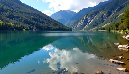 Poster - Serene mountain lake reflecting clouds and sky.  The calm water mirrors the majestic peaks and lush greenery. 