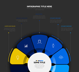 Poster - A modern radial infographic template showing a circular design with various colored segments and icons. This clean infographic template is perfect for data visualization and business presentations.