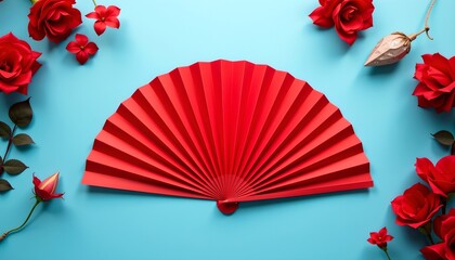 Aufkleber - A red paper fan elegantly displayed with beautiful red roses on a light blue background