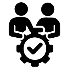 Poster - Two figures collaborating on a gear with a checkmark inside it symbolizing successful teamwork project on transparent background