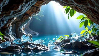 Poster - a stunning cave with crystal-clear water, sunlight, and green leaves creating a mesmerizing natural scene