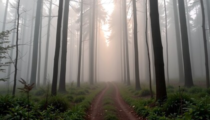 Poster - A forest road shrouded in mist, with trees lining the path and light piercing through the fog. This photograph depicts the tranquil of the misty landscape and atmospheric
