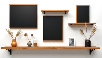 Poster - Elegant and modern shelves with wooden frames and stylish decorations, adding a touch of sophistication to any space. The setup showcases an arrangement of picture frames, vases.