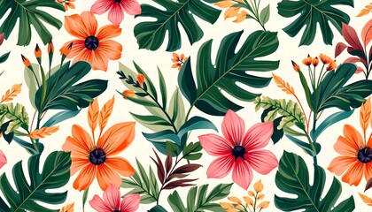 Poster - a colorful and vibrant tropical floral pattern with red flowers and green foliage
