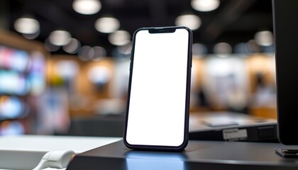 Poster - a modern smartphone with a blank screen displayed on a store display. This image is perfect for illustrating app interfaces, website designs, or any digital content