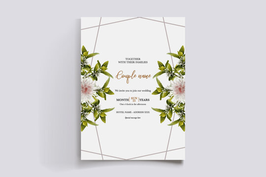 WEDDING INVITATION FRAME WITH FLOWER DECORATIONS AND FRESH LEAVES