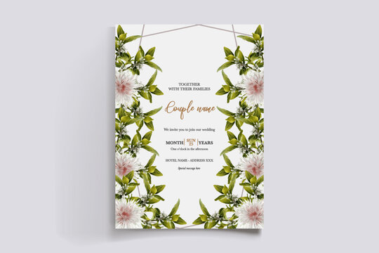 WEDDING INVITATION FRAME WITH FLOWER DECORATIONS AND FRESH LEAVES